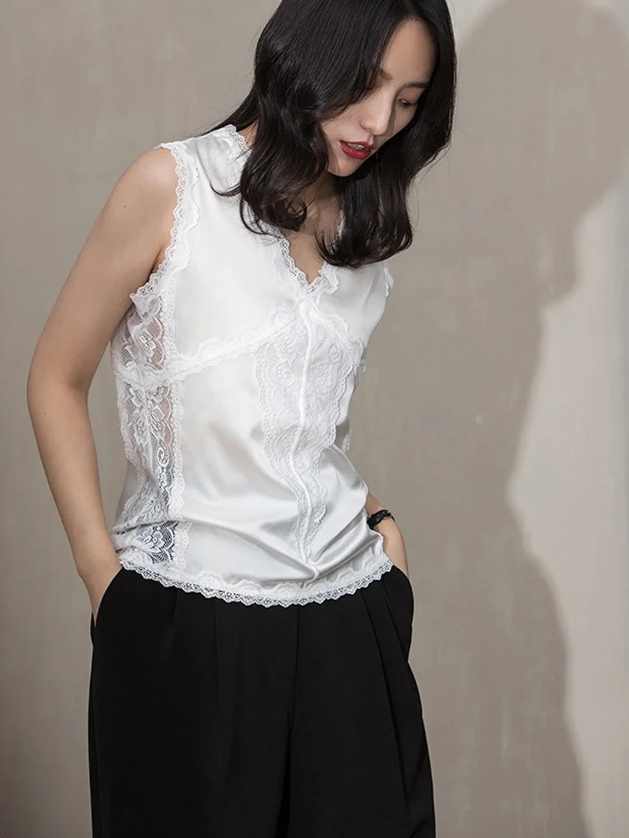 SuyaDream. Women Lace Tanks, Real Silk and Lace, V neck, Sleeveless Chic T Shirt, 2025 Solid Summer Vests, Black, White