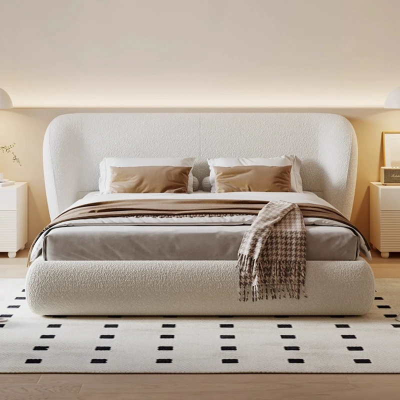 Luxuriöses modernes 150 x 200 180 x 200 200 x 220 cm cremefarbenes Flanell-Doppelbett, 2-Personen-Schlafzimmerbetten, Bettgestell, Massivholz-Bettbrettmöbel