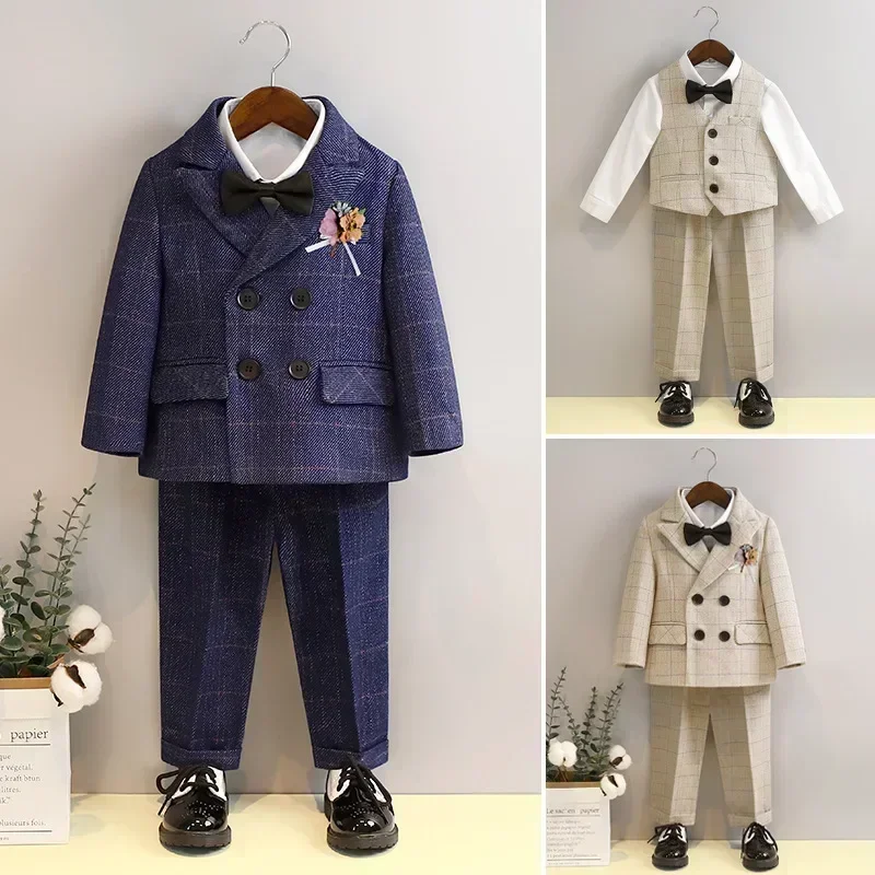 Boys Suit for Weddings Autumn Gentleman Plaid Birthday Blazer Set 2 To 12 Y Kids School Uniform Host Chorus Performance Costumes