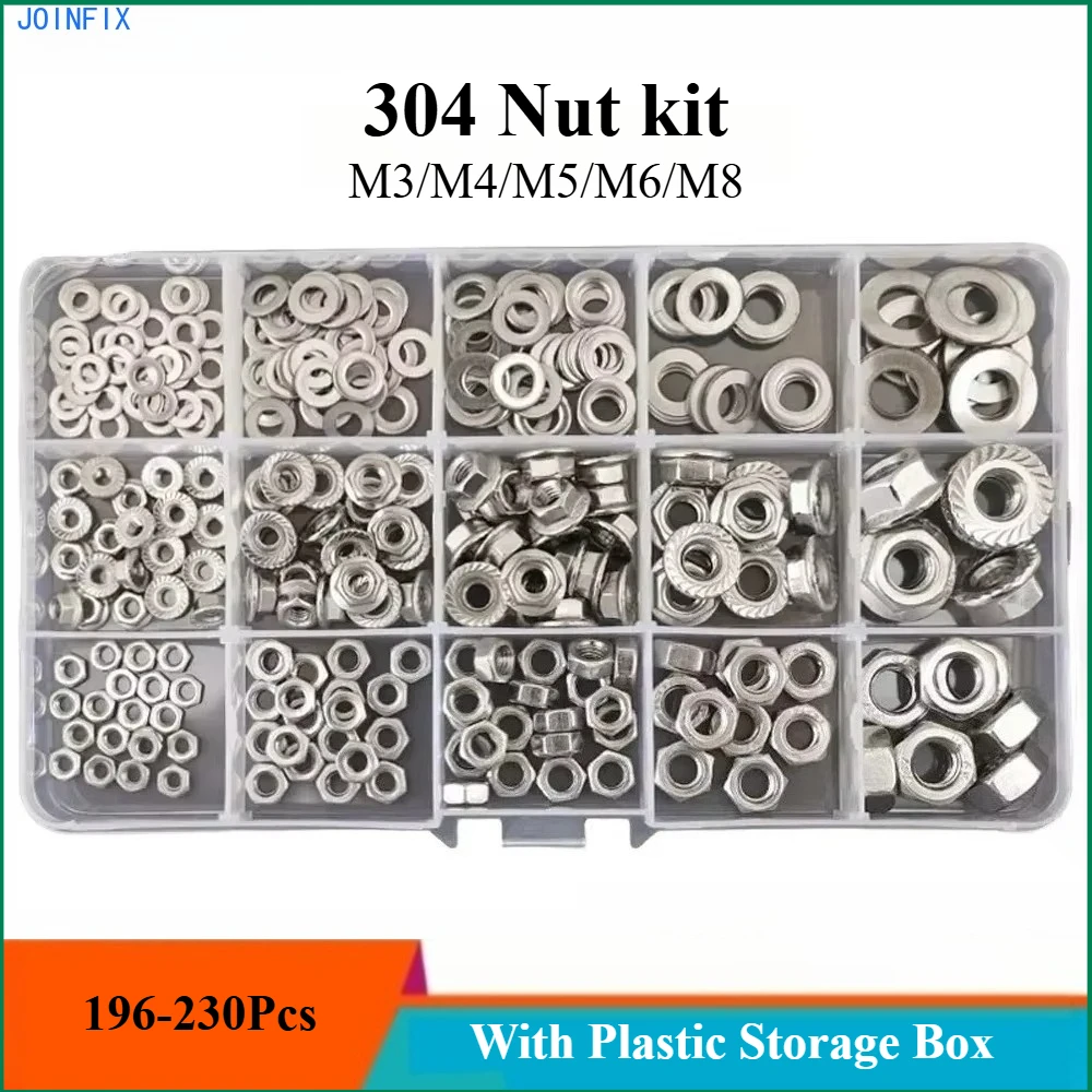 

304 Stainless Steel / 8.8 Grade Nuts Washers Assortment Kit with Storage Box, Metric Hex Flange Lock Nuts Set for Repair