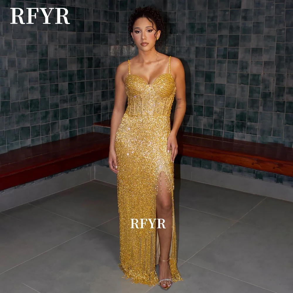 

RFYR Gold Party Dress Sweetheart Evening Dress Tassels High Slit Formal Occasion Dress for Arabic Women Robe De Soiré Customized