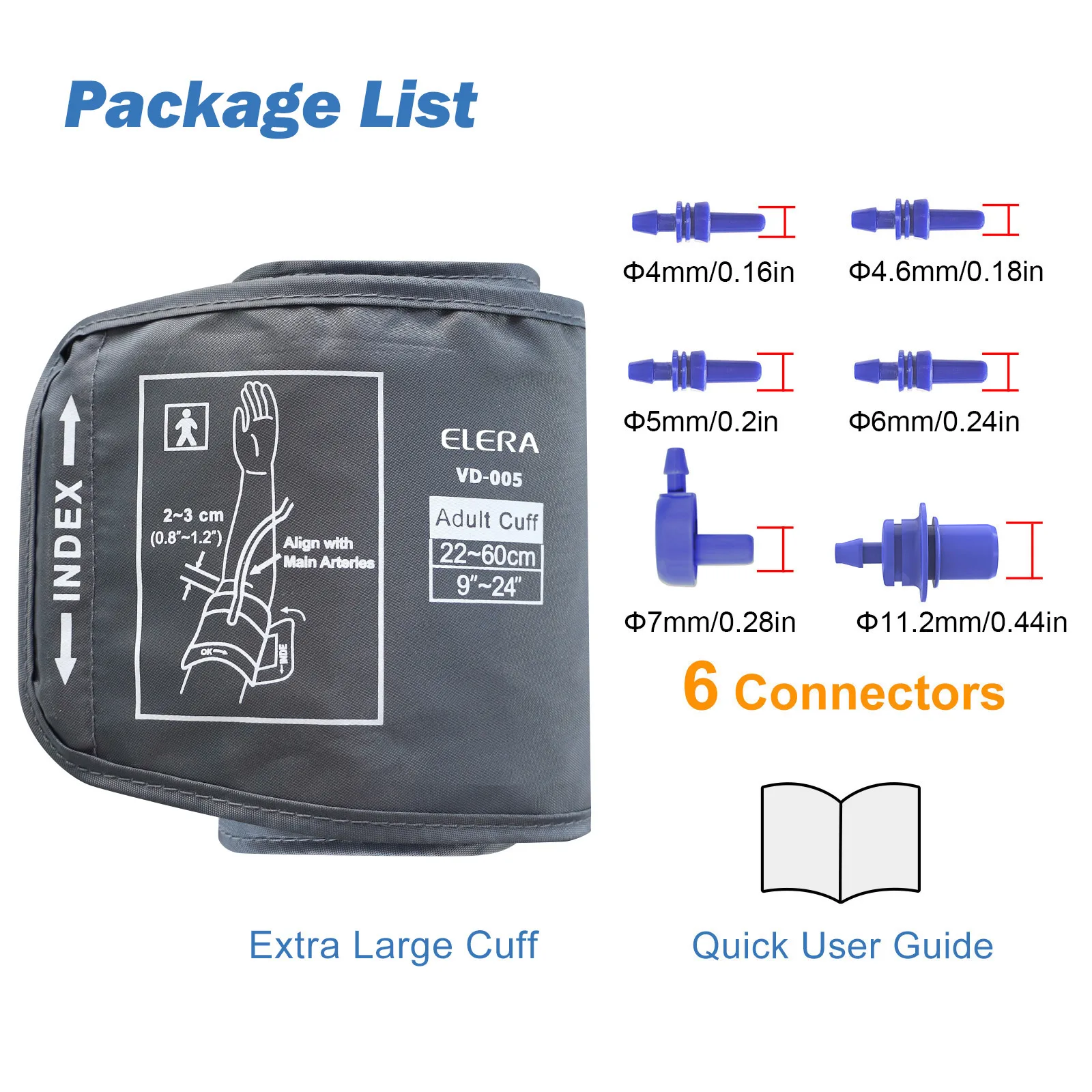 ELERA Adjustable Adult Arm Blood Pressure 22-60cm Cuff Big Size With 6pcs Connector 15-24CM Cuff Tube Blood Pressure Tonometer