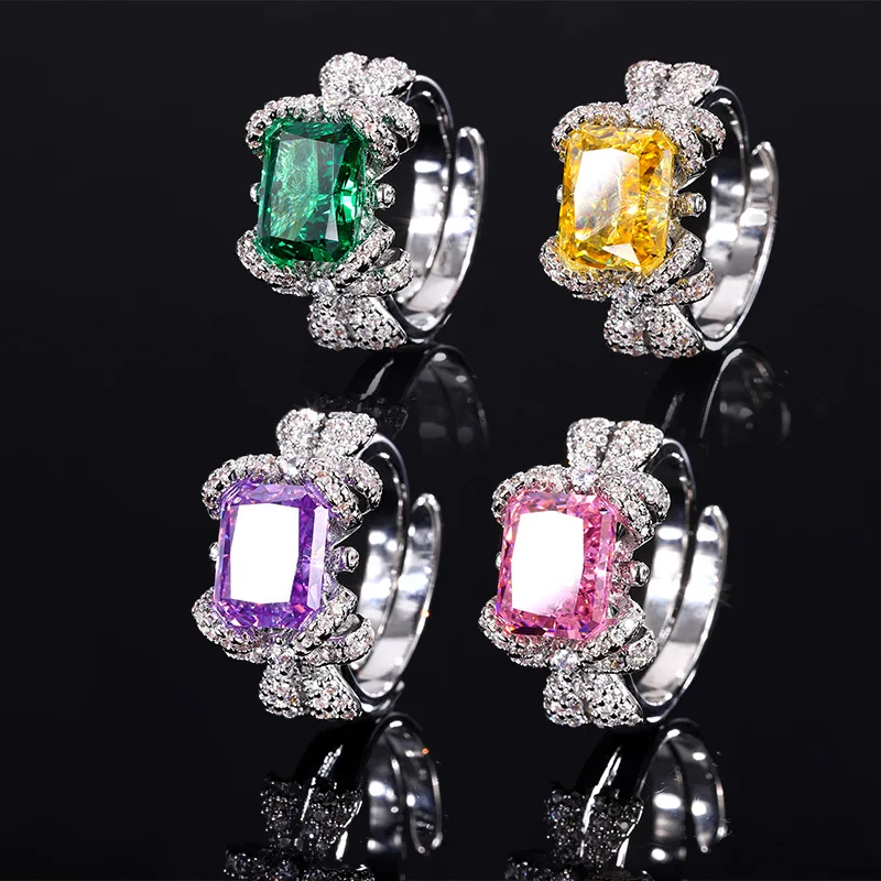 4 Colors Rectangle Zircon Open Ring Silver Plated Pave CZ Bow Adjustable Women Wedding Party Jewelry