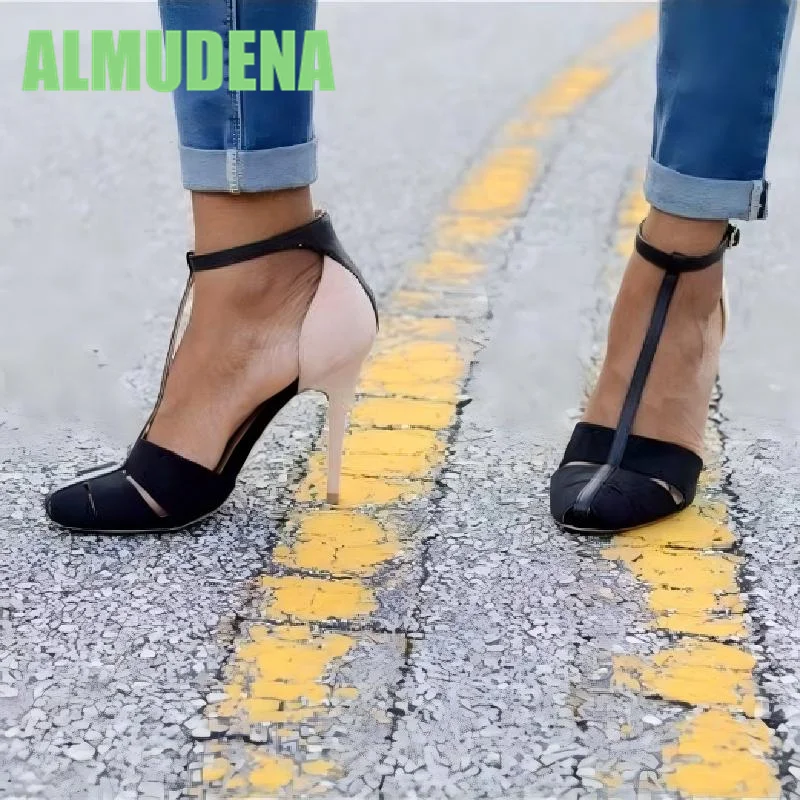 

Multi Colored Patchwork Sandals Small Round Toe Hollowed Out Buckle Design Bag Heel Temperament Slim High-Heeled Shoes