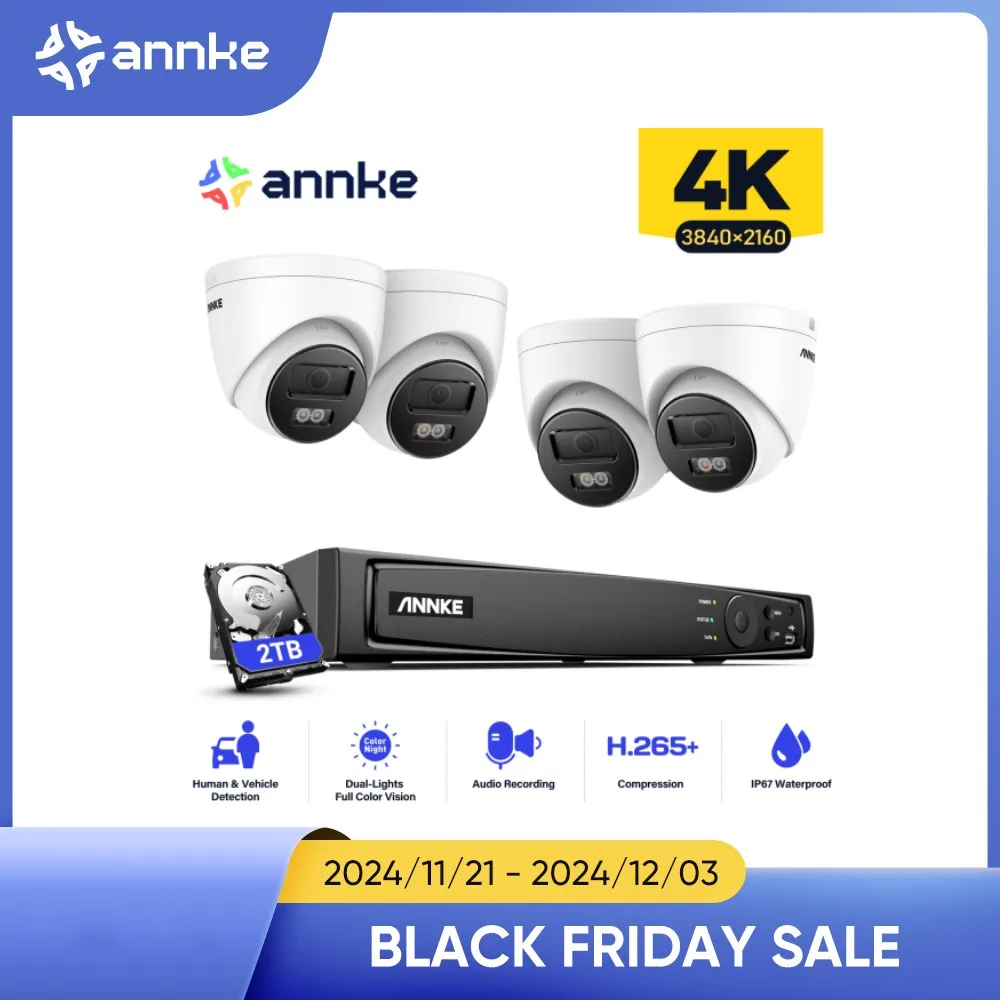 ANNKE 4K Ultra HD POE Video Surveillance System 8CH H.265+ NVR Recorder 4K Security Cameras Audio Recording 4X 8MP PoE IP Camera