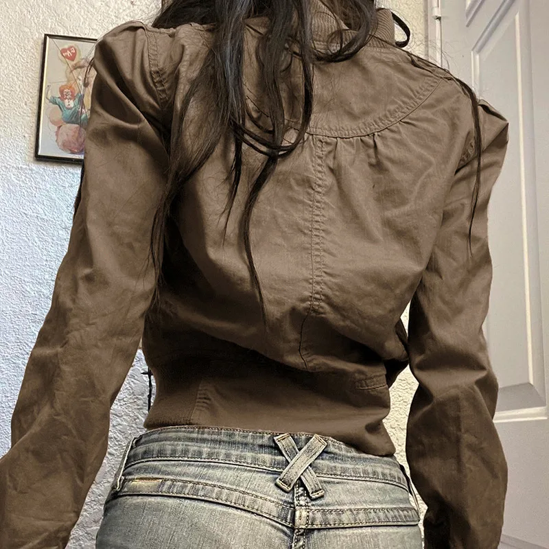Vintage Cropped Jackets Women Stand Collar Solid Color Casual Coats Slim Pocket Zip Up Harajuku Safari Style Outwear