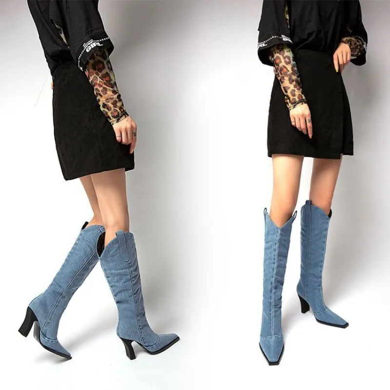 New Winter Autumn Denim Women Western Cowboy Boots Fashion Slip On Ladies Eelgant Long Boots Thick High Heel Boots Ladies Shoes