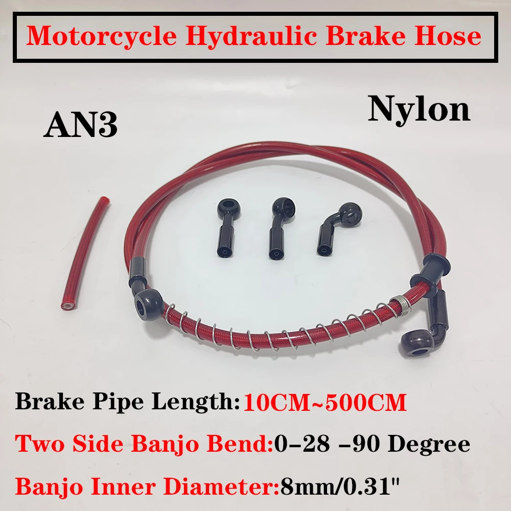 

Red 10cmTo500cm Hydraulic Brake Hose DOT oil Pipe Line Braided Cable 10mm 0°-28°-90° Banjo Chromium plating For universal