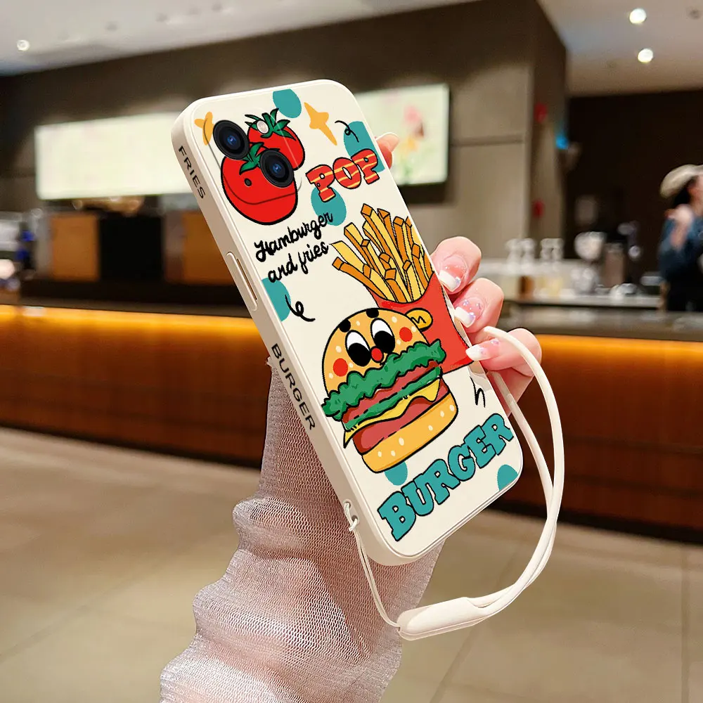 French Fries Burger Couple Phone Case For iPhone 15 14 13 12 11 Pro Max Mini X XR XSMAX 8 7 Soft Silicone Cover With Hand Strap