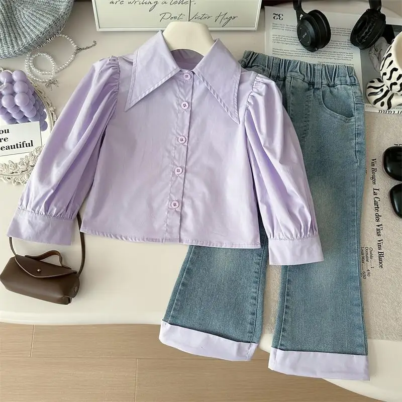 

Girls' Autumn Set New Korean Edition Children's Stylish Knitted Vest Shirt Jeans 3-Piece Set Kids Clothing 80-130cm