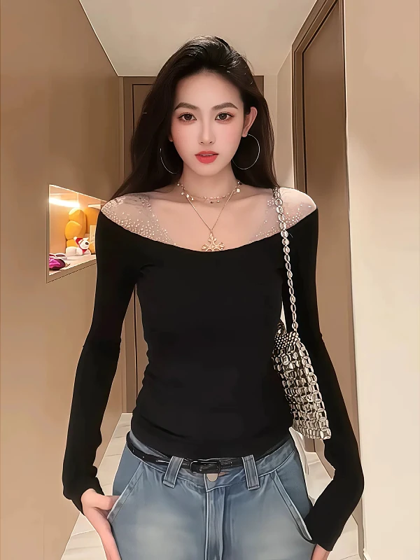 

Женская трикотажная базовая кофта больших размеров в корейском стиле с блестящими стразами на плечах, длинными рукавами, облегающая, для осени и зимы