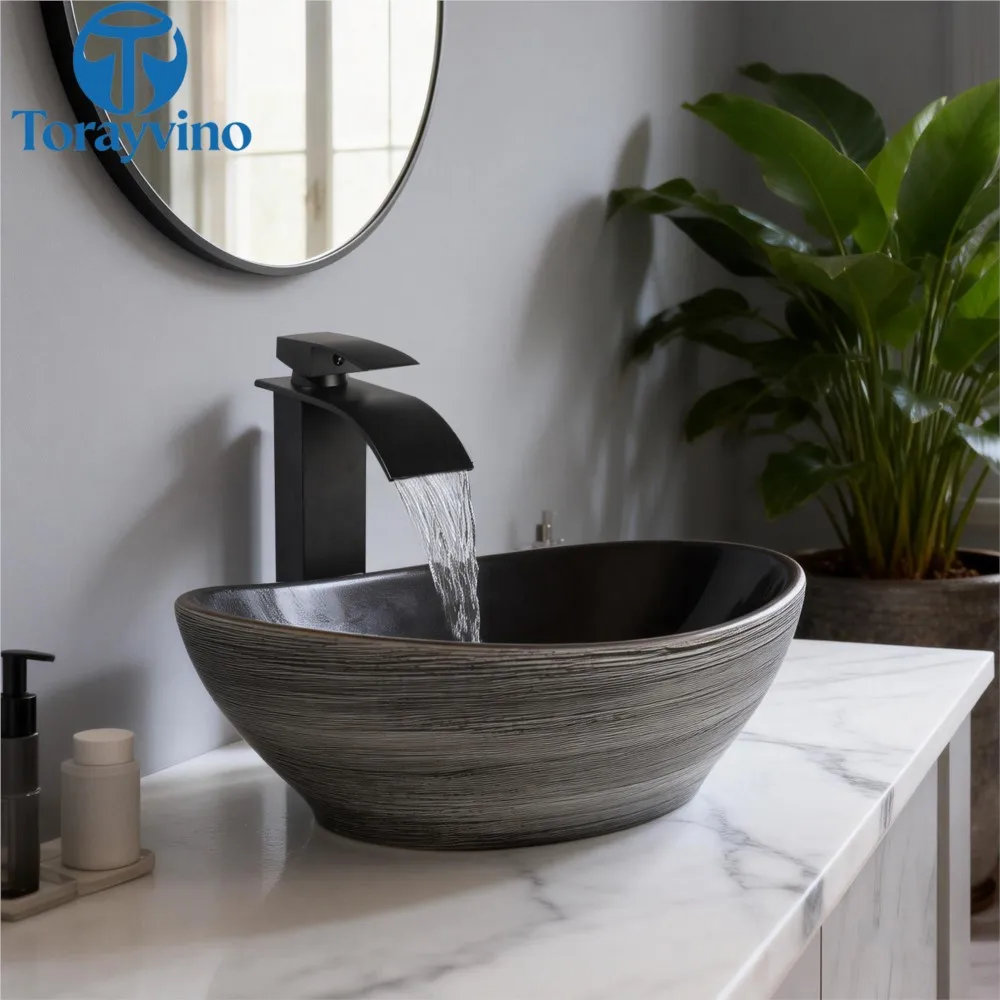 Torayvino Ceramic Bathroom Basin Set Above Counter Vanity Sink Black Waterfall Mixer Faucet & Pop-up Drain Balcony Water Basin