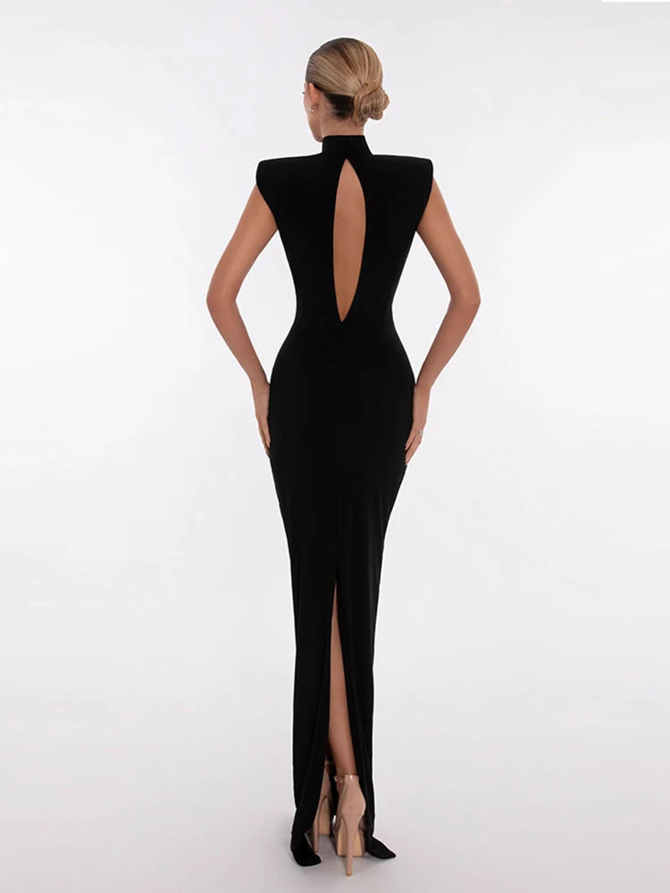 Sexy High Neck aushöhlen Kristall Bandage Kleid Frauen schwarz ärmellose rücken freie Split lange figur betonte Kleider Club Cocktail party