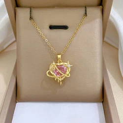 ZAKOL Shiny Pink Zircon Crystal Heart Moon Pendant Necklace for Women Stainless Steel Clavicle Chain Fashion Jewelry