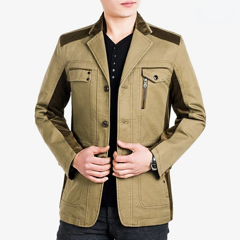 

Cotton Jackets Spring Autumn Men Bomber Jacket Single-breasted Multi-pockets Windbreaker Military Coats Long Sleeve Suit Collar