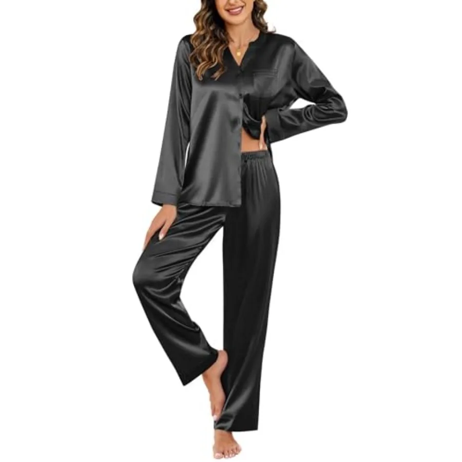 

Silk Pajamas For Women 2 Pcs Set Satin Pjs Long Sleeve Button Up Sleepwear Comfy Lounge sets
