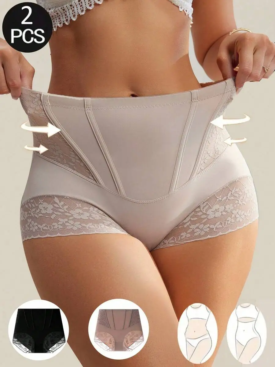 2 Pcs High Waist Firming Shapewear Panties For Women Lace Detail Breathable Nylon Blend
