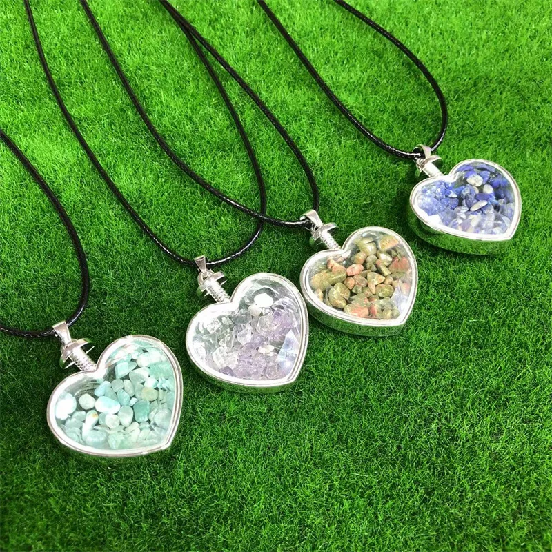 Natural Stones Crystal Mini Chips Silver Clasp Mixed Quartz Heart Pendant Healing Reiki Decoraiton Gemstone Gift