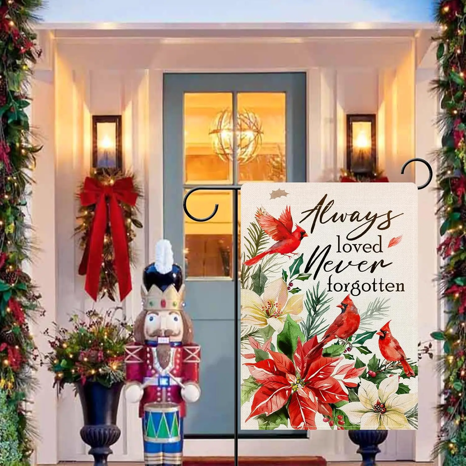 Dyrenson Always Loved Never Forgotten Memorial Decorative Garden Flag, Christmas Cardinal Poinsettia Yard Outside Home Decor UUN
