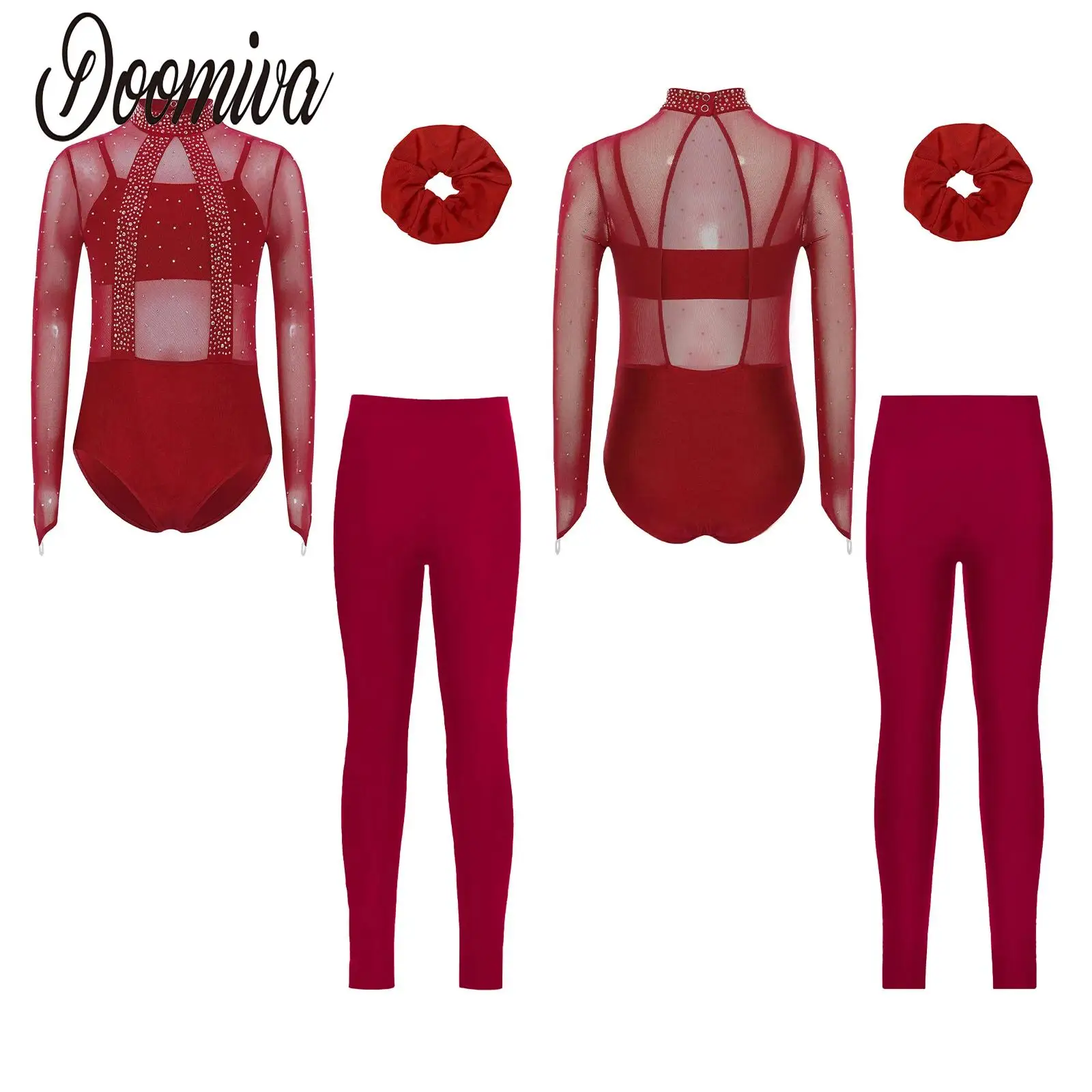 

Kids Girls Figure Skating Dance Rhythmic Gymnastics Leotard Dresses Outfits Rhinestones Sheer Mesh Long Sleeve Bodysuits Sets