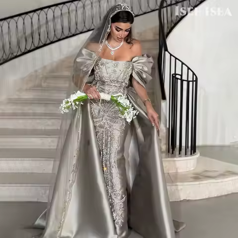 Luxury Evening Dresses Beaded Off Shoulder Applique Elegant Chic Woman Dress For Party Detachable Train Wedding Dress Customized