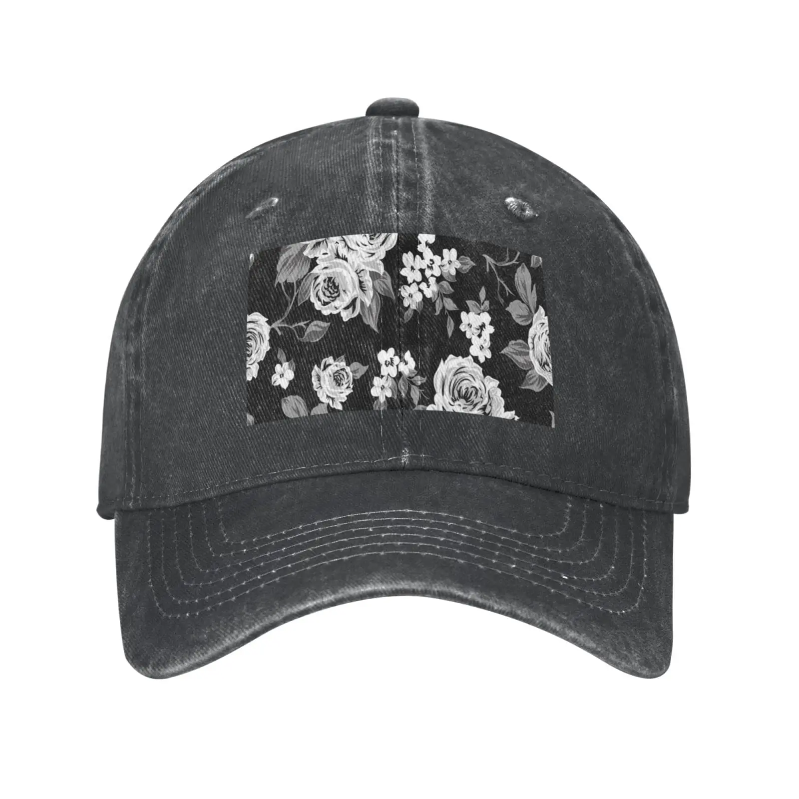 Vintage Flowers On Black White Roses Tulips Gray Leaves Black Baseball Cap Cowboy Hat for Men Women,Adjustable Classic Hats Caps