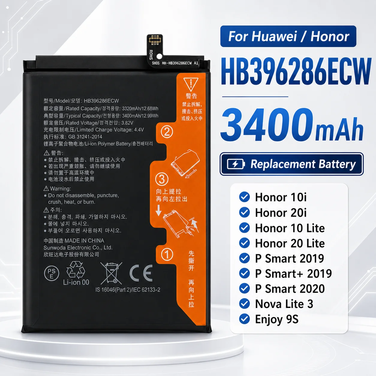 For Huawei Honor 10 Lite 20 Lite 10i 20i P Smart 2019 Honor 20i Enjoy 9S HB396286ECW 3400mAh Phone Battery Cell Mobile Cell