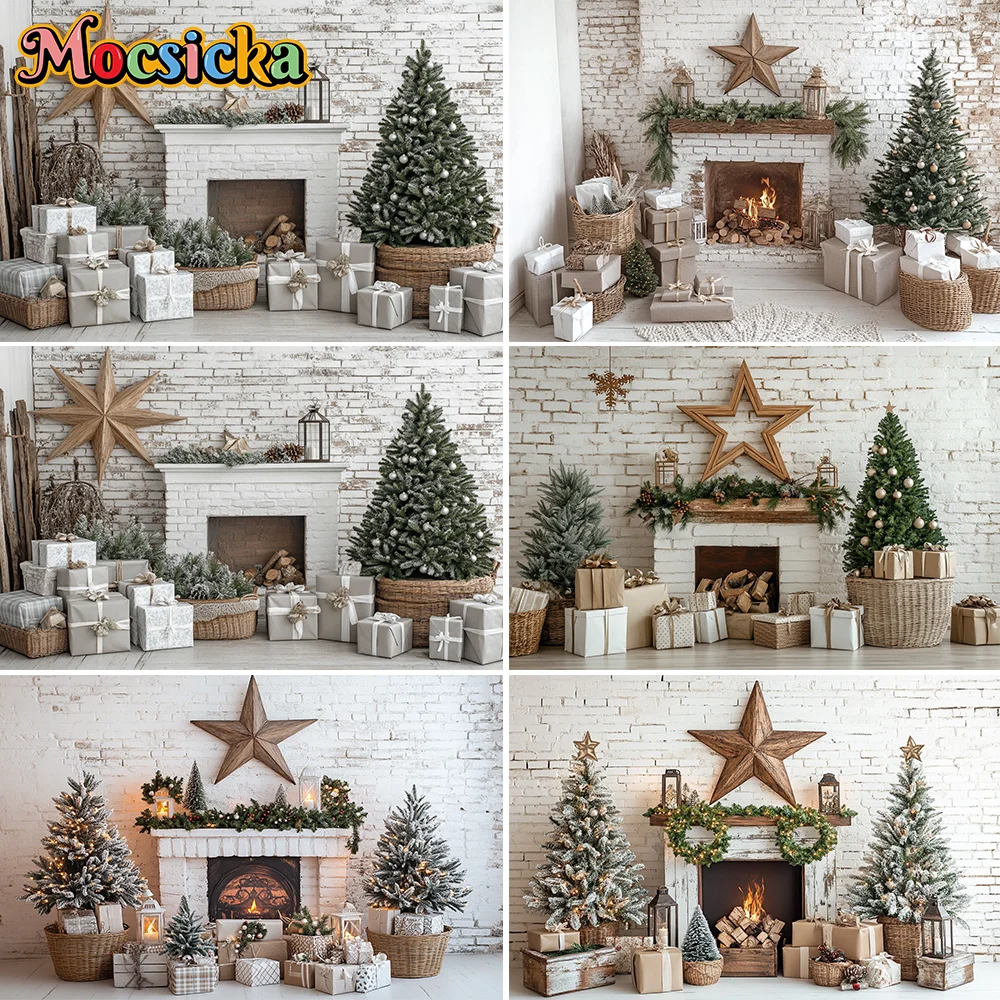 

Winter Christmas Backdrops Xmas Wreath Fireplace Pentagram Holiday Party Decor Banner Photography Backgrounds for Photo Studio