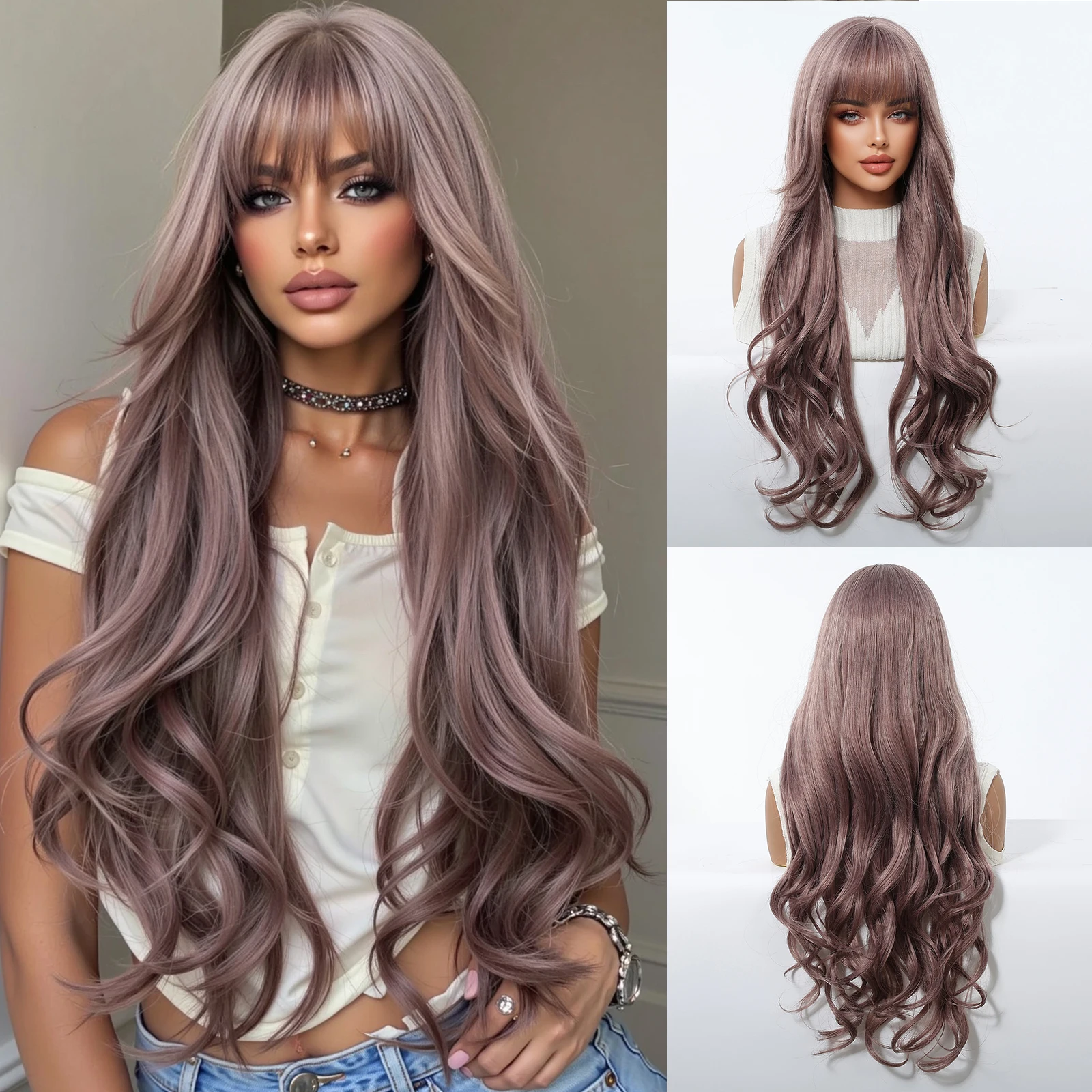 

ALAN EATON Pinkish Brown Synthetic Natural Wig with Bangs Long Wavy Wigs for Women Daily Party Wear Party Heat Resistant Fiber