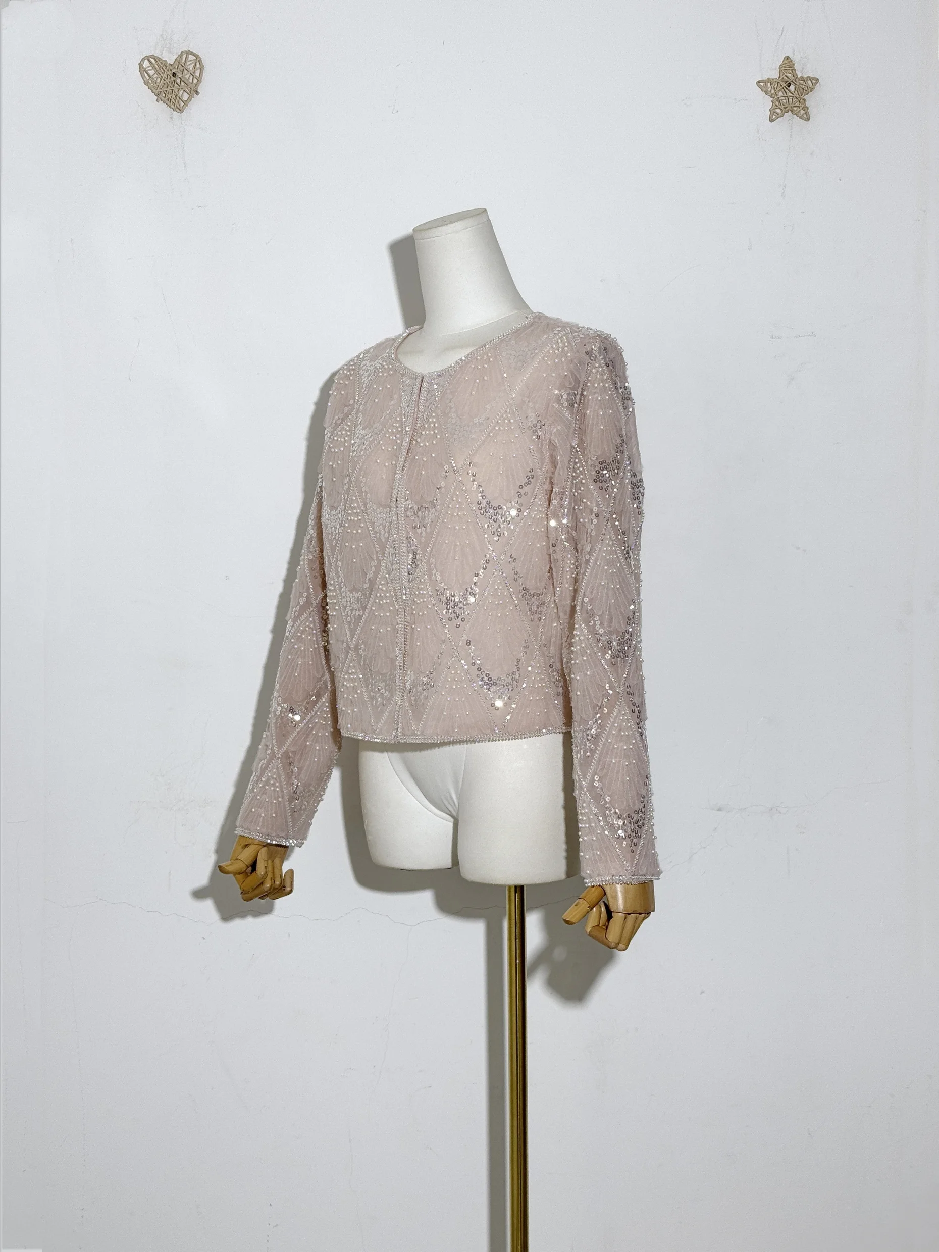 새로운 무거운 자수 유럽 및 미국 패션 여성 스팽글 진주 페르시 오-넥 긴 소매 메쉬 카디건 블라우스 탑 코트 자켓