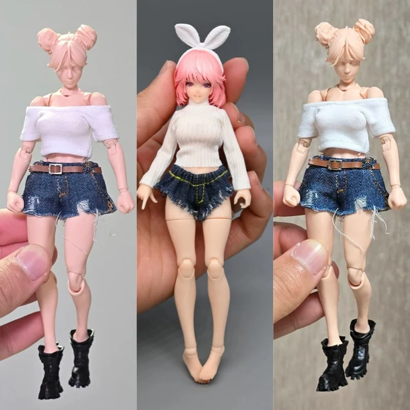 1/12 Scale One Shoulder T-Shirt Denim Shorts Multiple Choices Female Soldiers Clothing Suitable for 6Inch Action Figure Body