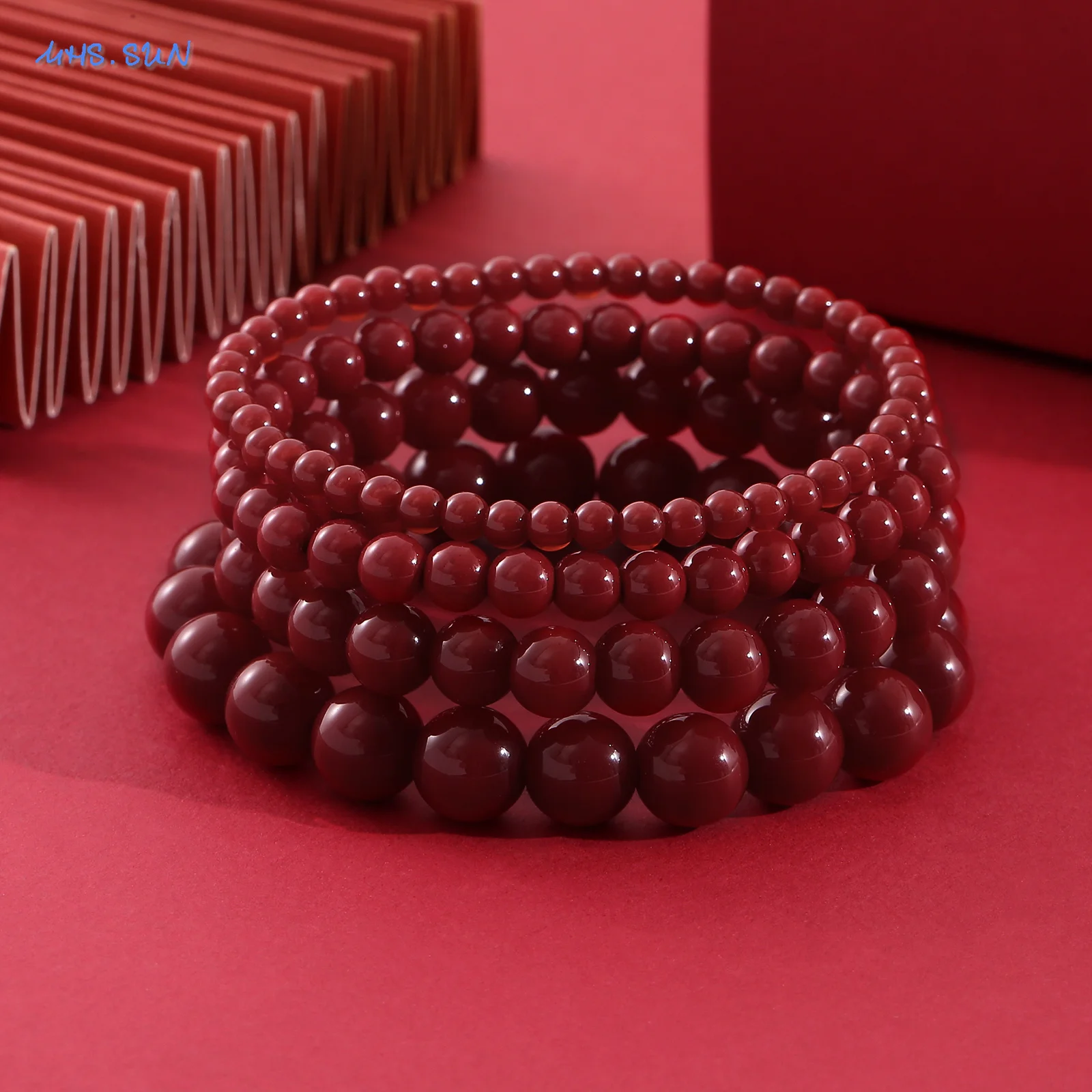 MHS.SUN Vintage Red Round Beads Bracelet Bangle for Women Men New 4/6/8/10mm Beaded Elastic Bracelets Jewelry Party Gifts - view 5