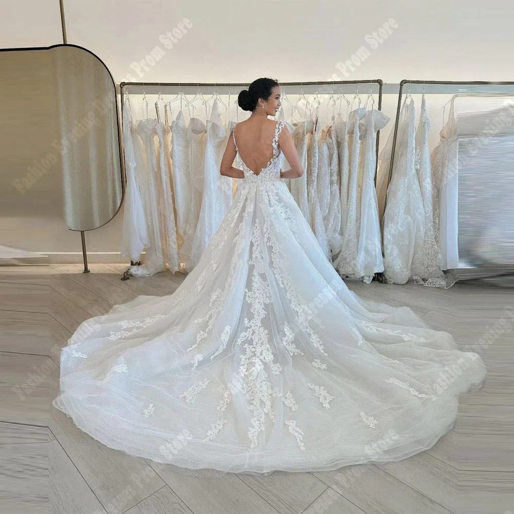 Sexy V-Ausschnitt Frauen Brautkleider glänzende Spitze ärmellose Brautkleider Wisch länge Promi Bankett Vestidos de Novias