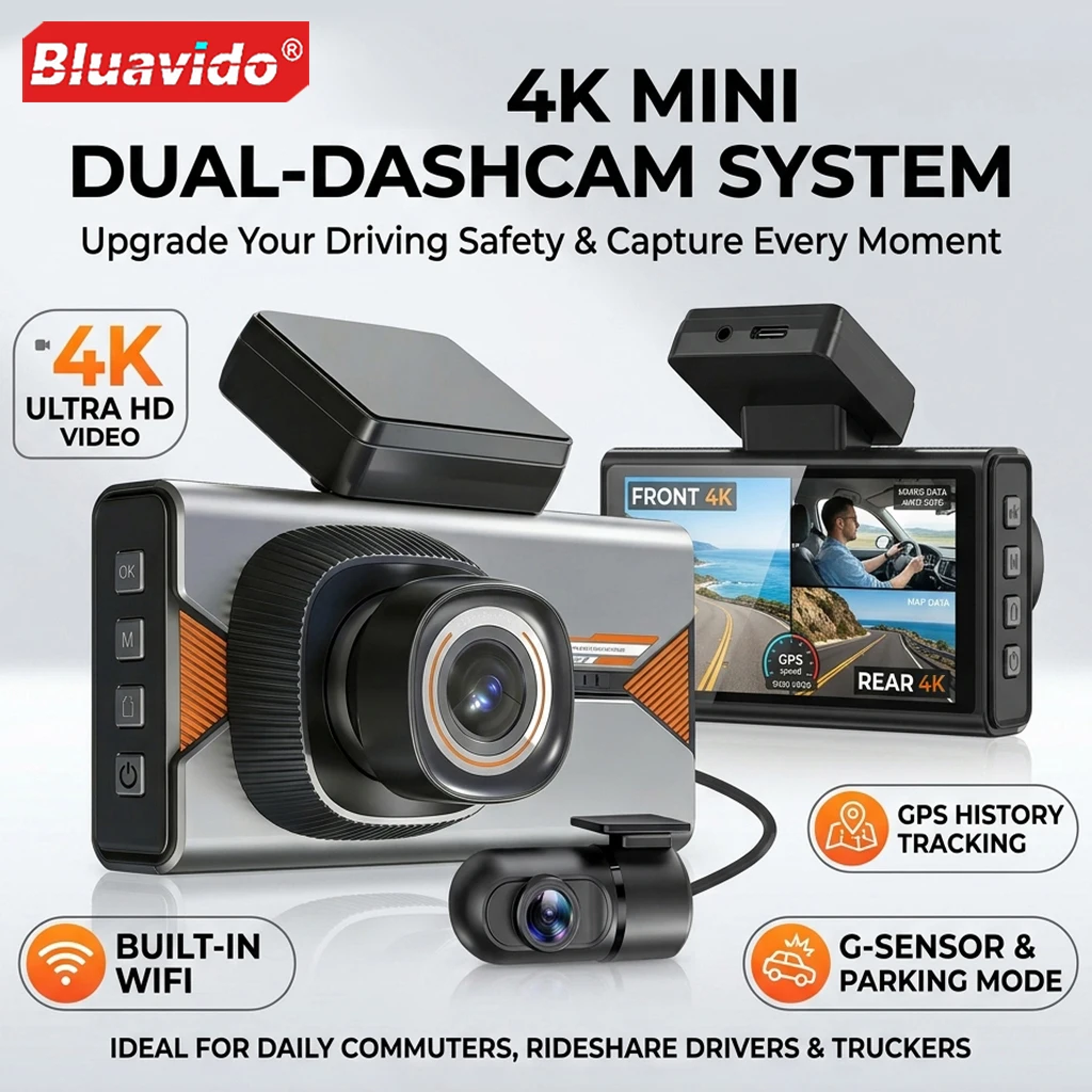 Cámara de Coche Delantera y Trasera Dual 4K con GPS, WiFi, Grabación de Video, Visión Nocturna, Monitor de Estacionamiento 24H y Vigilancia Vehicular