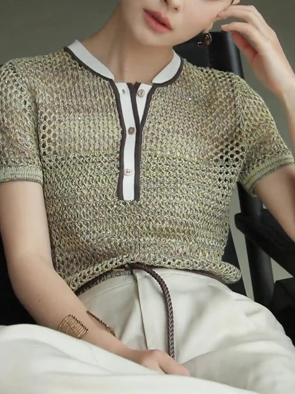 

Korean Sle ort Sve Knitted Top Hollow out Design f Open Collar Color Blo Women's Summer High End Feeling Faion
