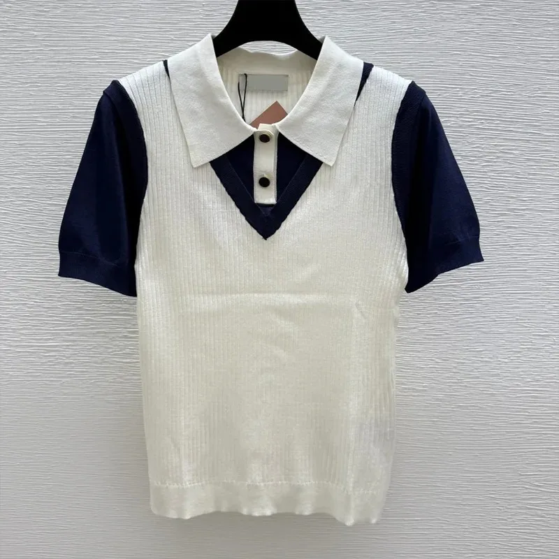 

High-quality women's knitted Polo shirt - fake two pieces with significant color differences and short sleeves 25622125