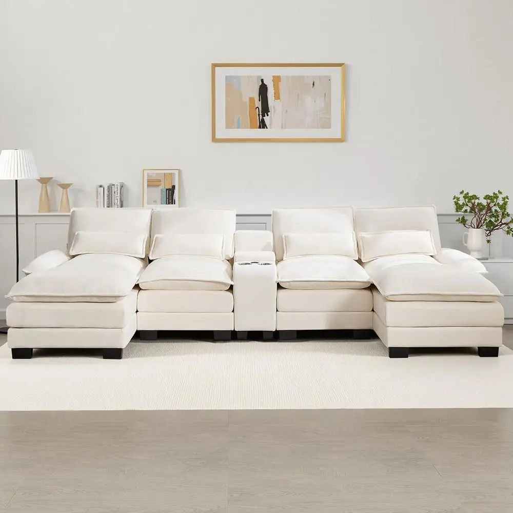 Chic Beige Chenille Sectional Sofa with Double Chaise, Storage, Cup Holders, USB Port for Comfortable Living Room