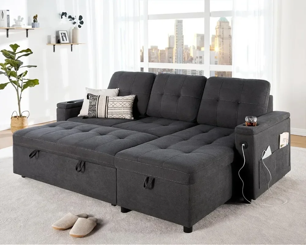 Sofa Bed, Sleeper Sofa with USB Charging Ports, L-Shaped Couch with Storage, Pull out Couch for Living Room, Grey Linen