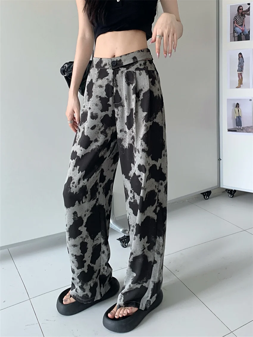 PLAMTEE 2024 Slim Daily Printed Trousers Women Chic Wide Leg Casual Autumn High Waist New Arrival Loose Office Lady Vintage