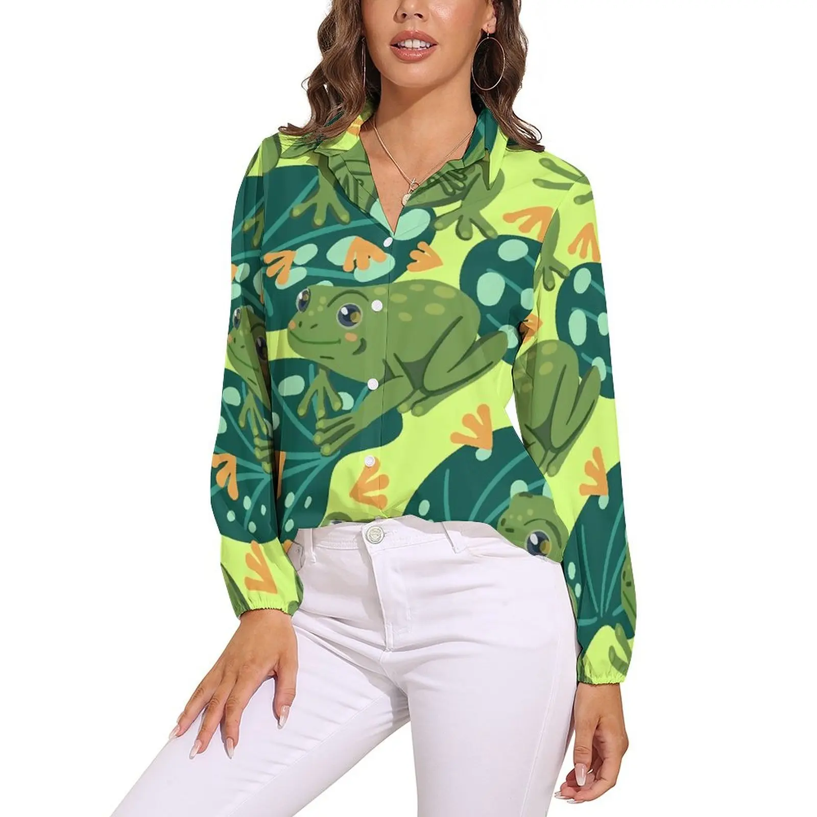 

Cute Frog Blouse Water Lily Leaves Modern Design Blouses Women Long Sleeve Casual Shirts Autumn Oversize Top