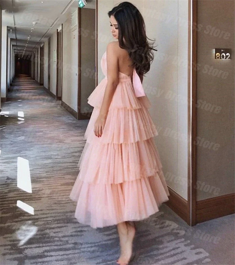 Fashion 2023 Pink Layered Tulle Prom Dresses V-neck A-line Sexy Backless Sleeveless Formal Occasion Evening Dresses For Women