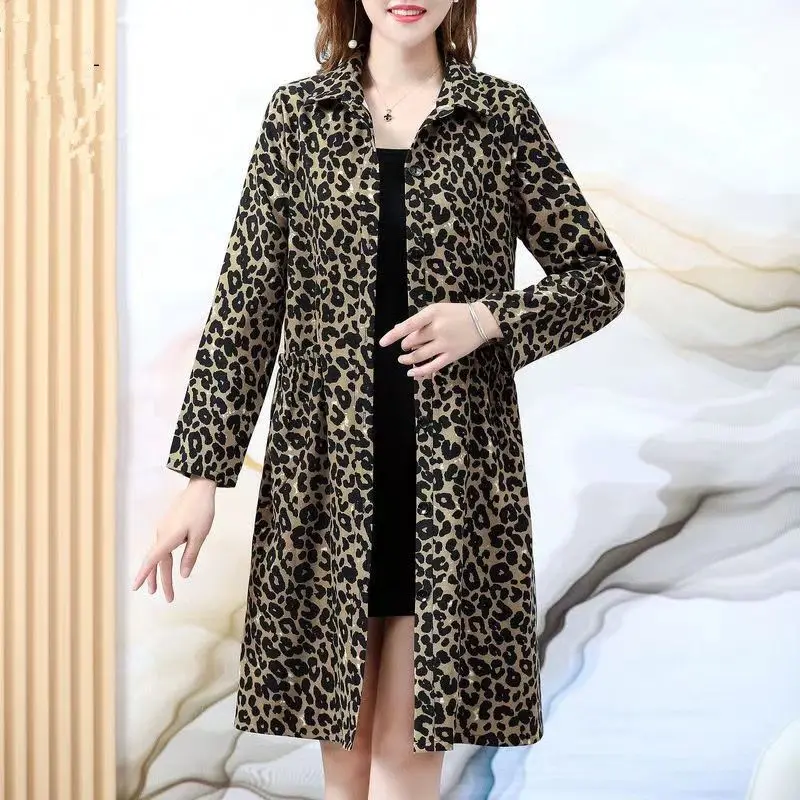 

Fashion Casual Turn-down Collar Trench Loose Temperament Button Printing Leopard Pockets Spring Autumn New Thin Women's Clothing