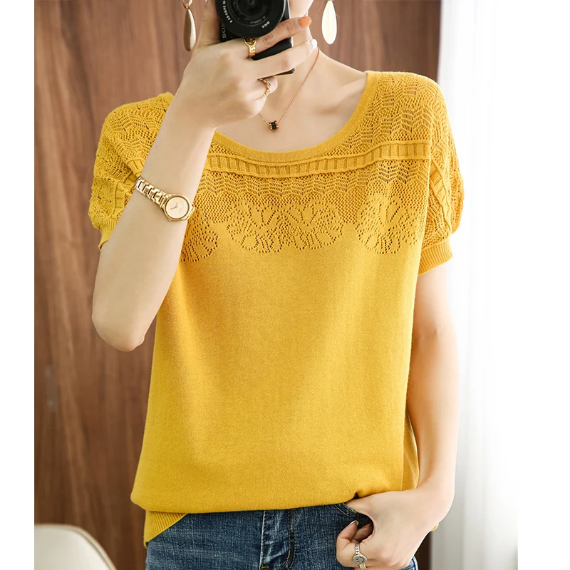 Women 100% Pure Cotton Tees Sweater Short-sleeved Summer New Pullover Vest Ladies O-neck Knitted Loose Hollow Jacquard T-shirt