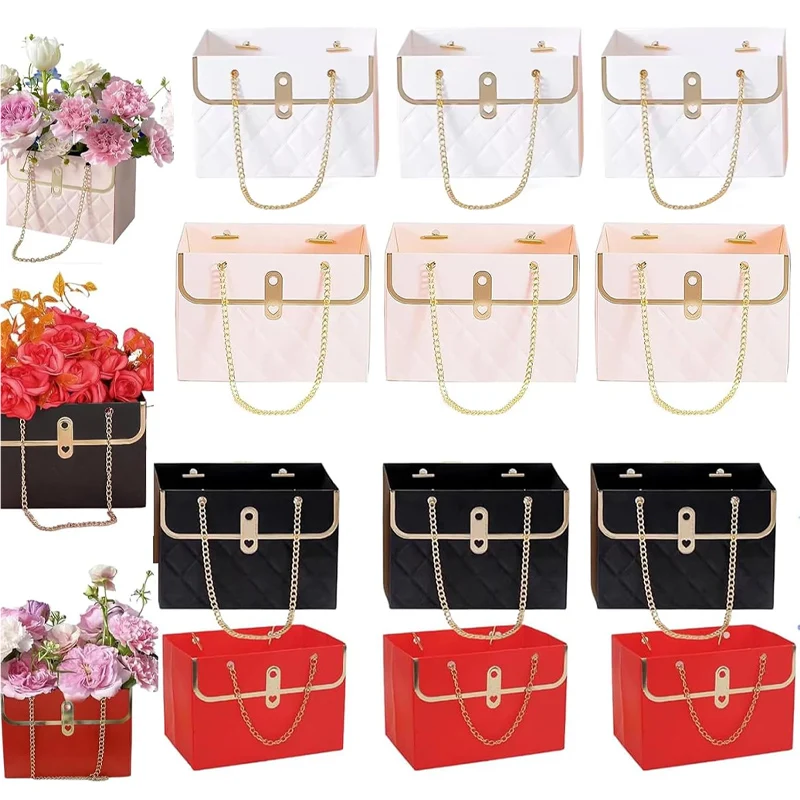 Flower Bags for Bouquets Small Flower Boxes for Arrangements with Metal Chain Cute Purse Paper Gift Box Floral Packing Tote Bags