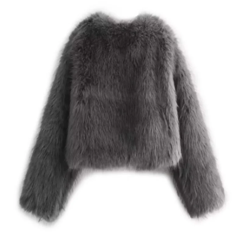 Faux Fur Jacket for Women Coats Grey O-Neck Long Sleeve Autumn Winter Warm Outerwears  New Fashion Elegant Jackets