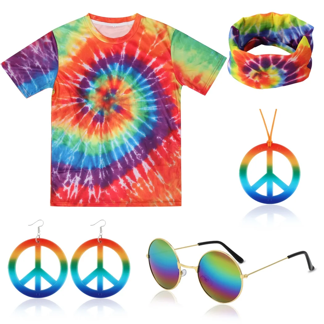 Traje Hippie de los 70 para hombre, Conjunto de camiseta con estampado de teñido anudado colorido con diadema, gafas de sol, collar de signo de la