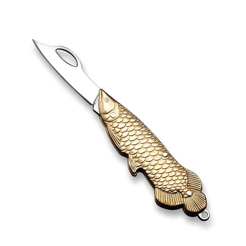 Brass Golden Dragon Fish Shaped Handle Mini Folding Blade Mini Knife Sharp Portable Outdoor Camping Knife Open Express Keychain