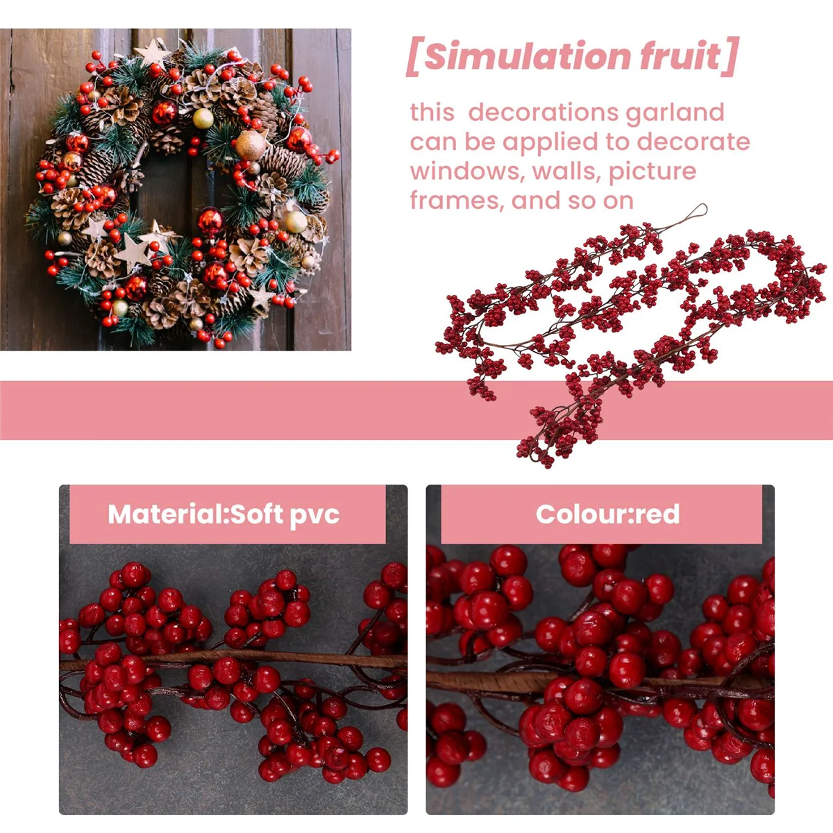 Guirnalda navideña de bayas rojas de 5,9 pies, guirnalda navideña Artificial de Pip roja burdeos para decoraciones de chimenea, decoración navideña