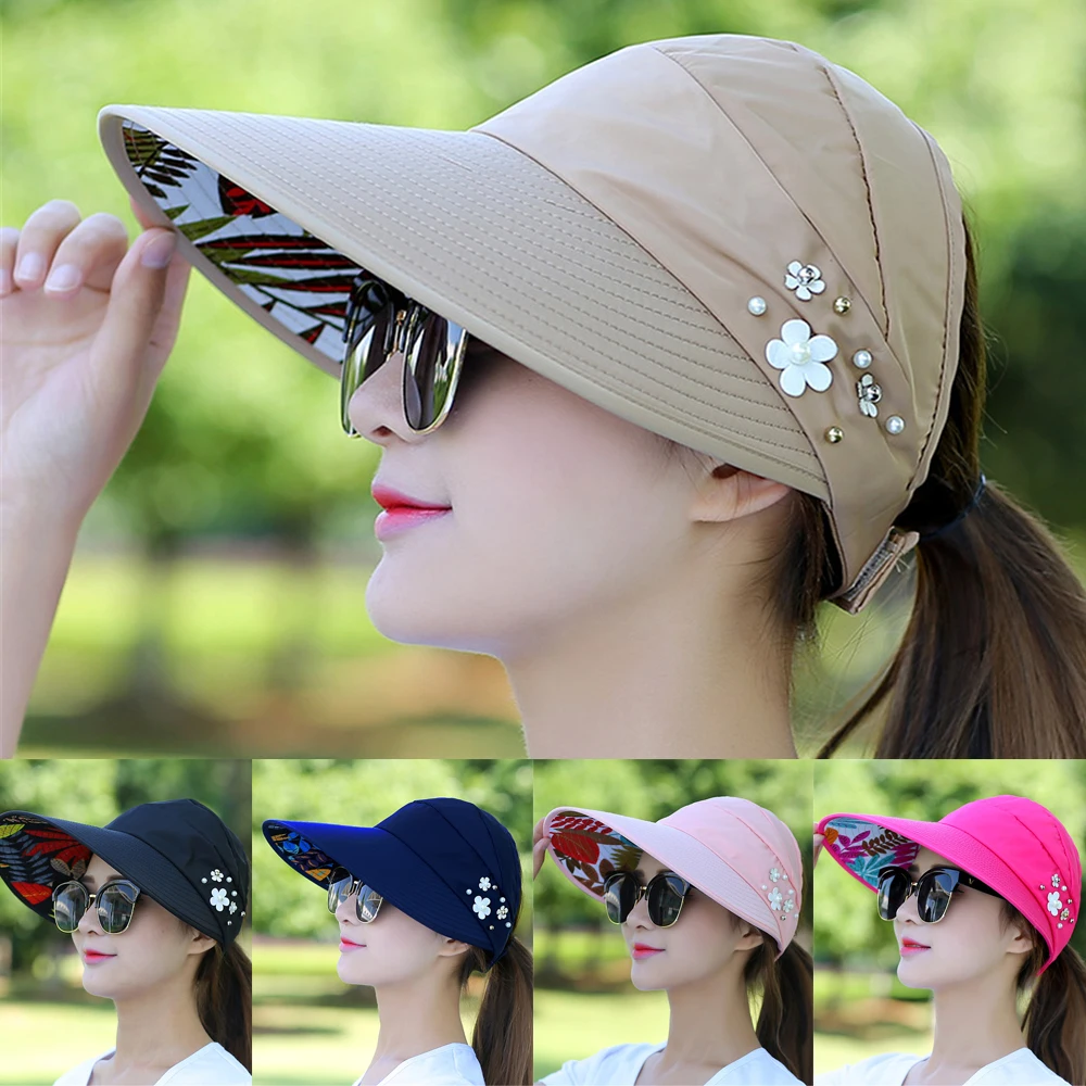 Fashion Womens Ladies Summer Vacation Wide Brim Foldable Sun Hat Anti-UV Beach Visor Caps Casual Hats