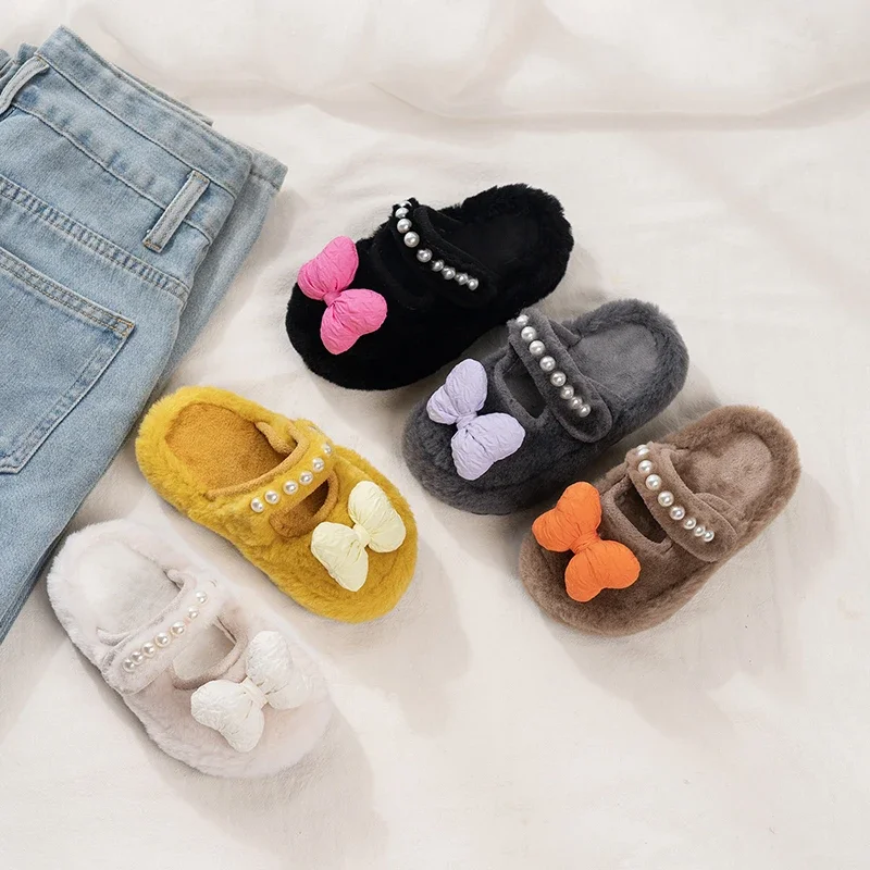 

Детские тапочки, замшевые теплые модные туфли в стиле принцессы для девочек с большим бантом, новинка зимы 2021, детские тапочки для спальни с мягкой подошвой